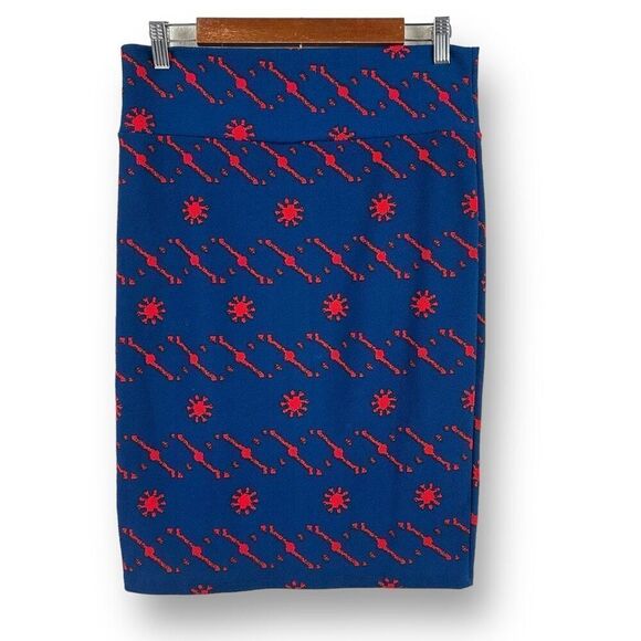 LuLaRoe Women's M Straight Pencil Skirt Blue Red Abstract Star Print Firework - Picture 2 of 7